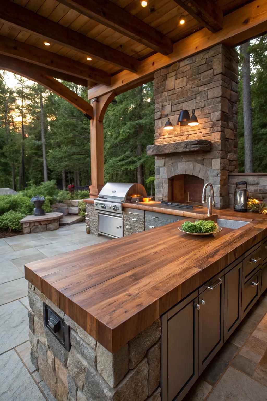 Establish a consistent indoor-outdoor transition with timber in your exterior cooking area. #OutdoorLiving #GardenDesign #WoodenSurface
