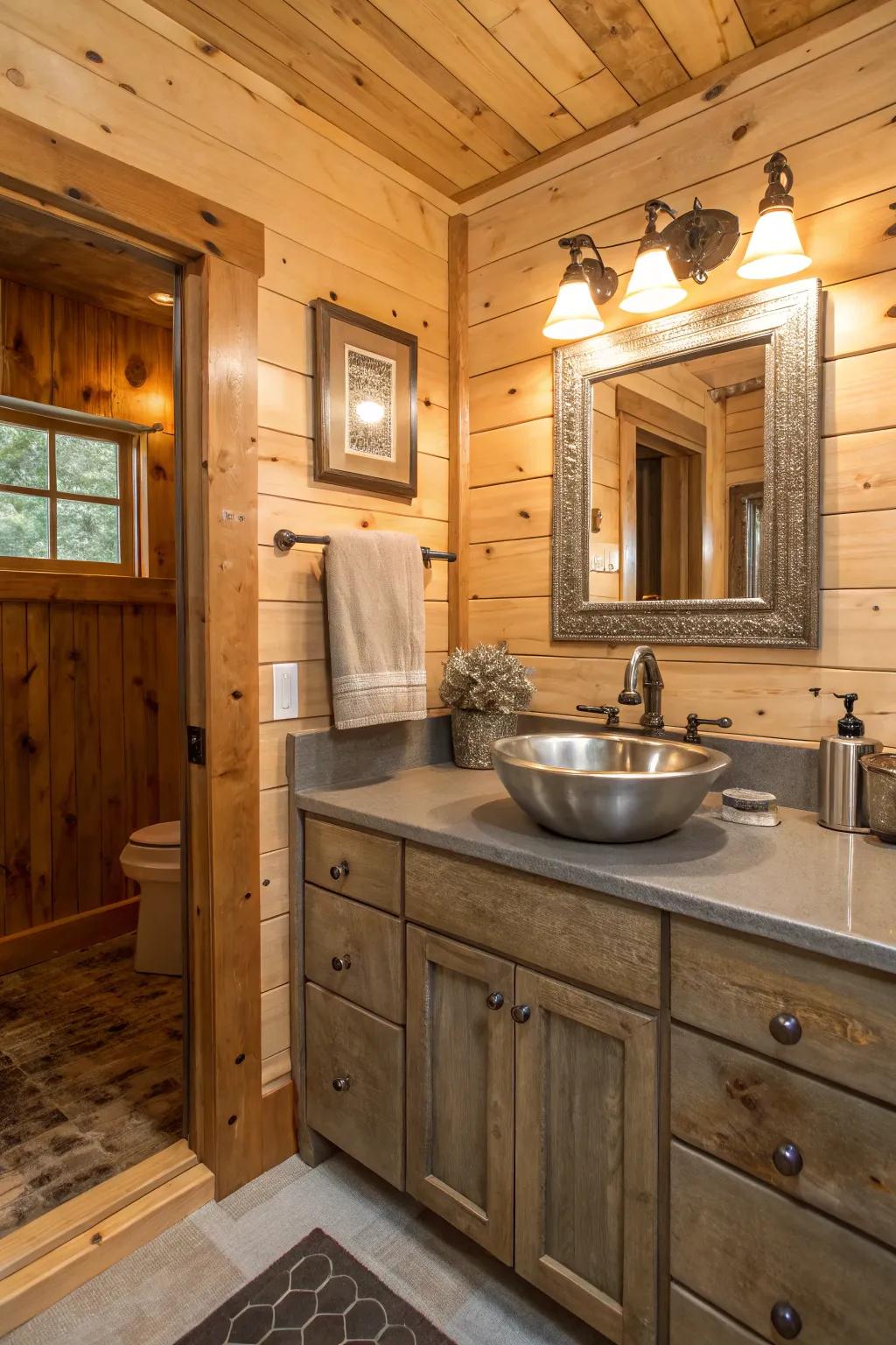 A cabin bathroom with metallic flea market finds for a hint of shine.