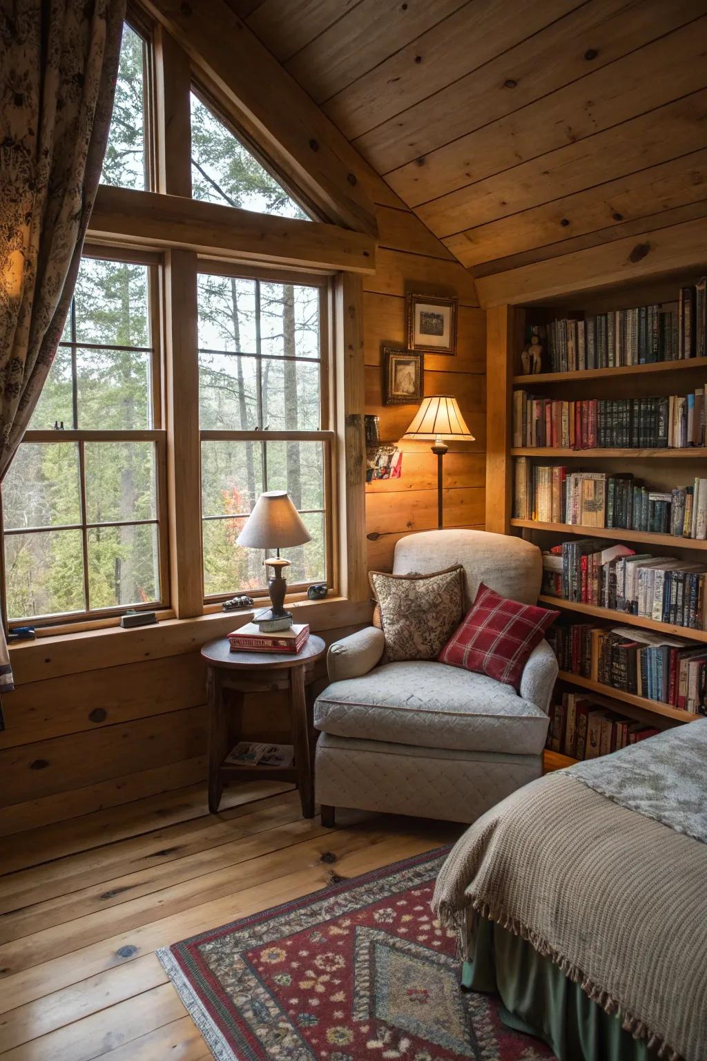A cabin bedroom that has a cozy reading spot by the window.