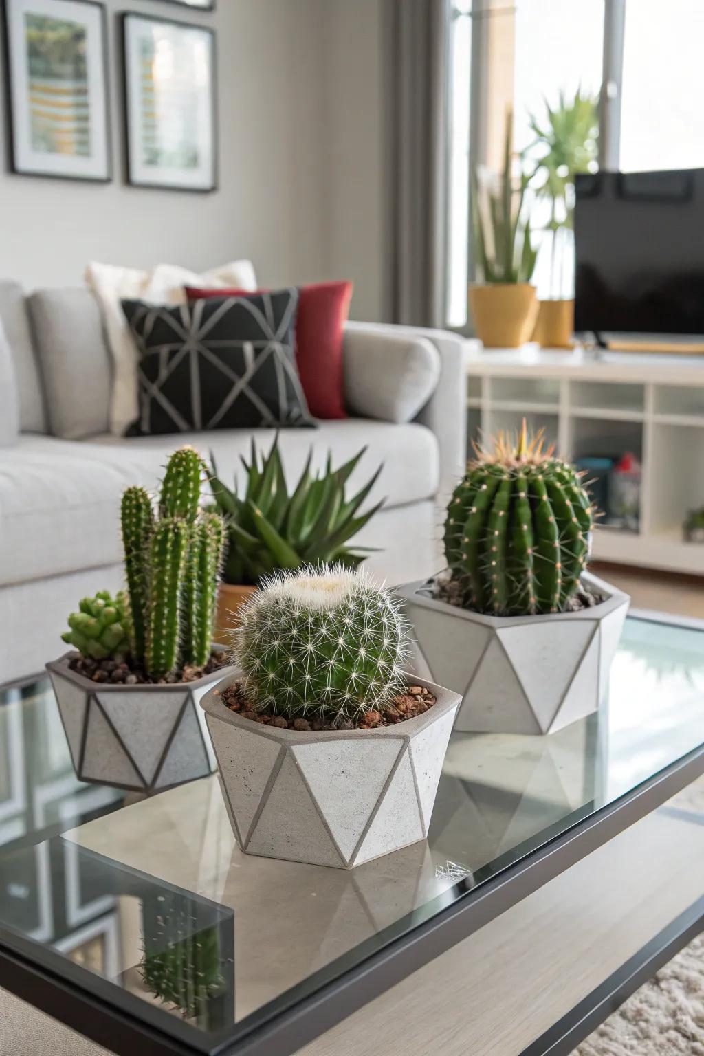 Figure containers offer a contemporary twist for your cactus setup.