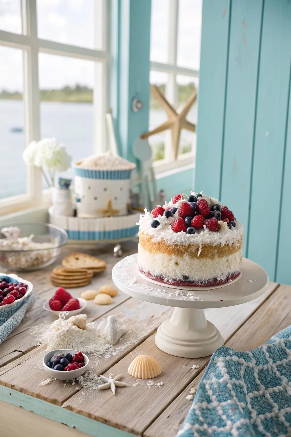 A coconut berry harmony cake that’s a tropical delight.