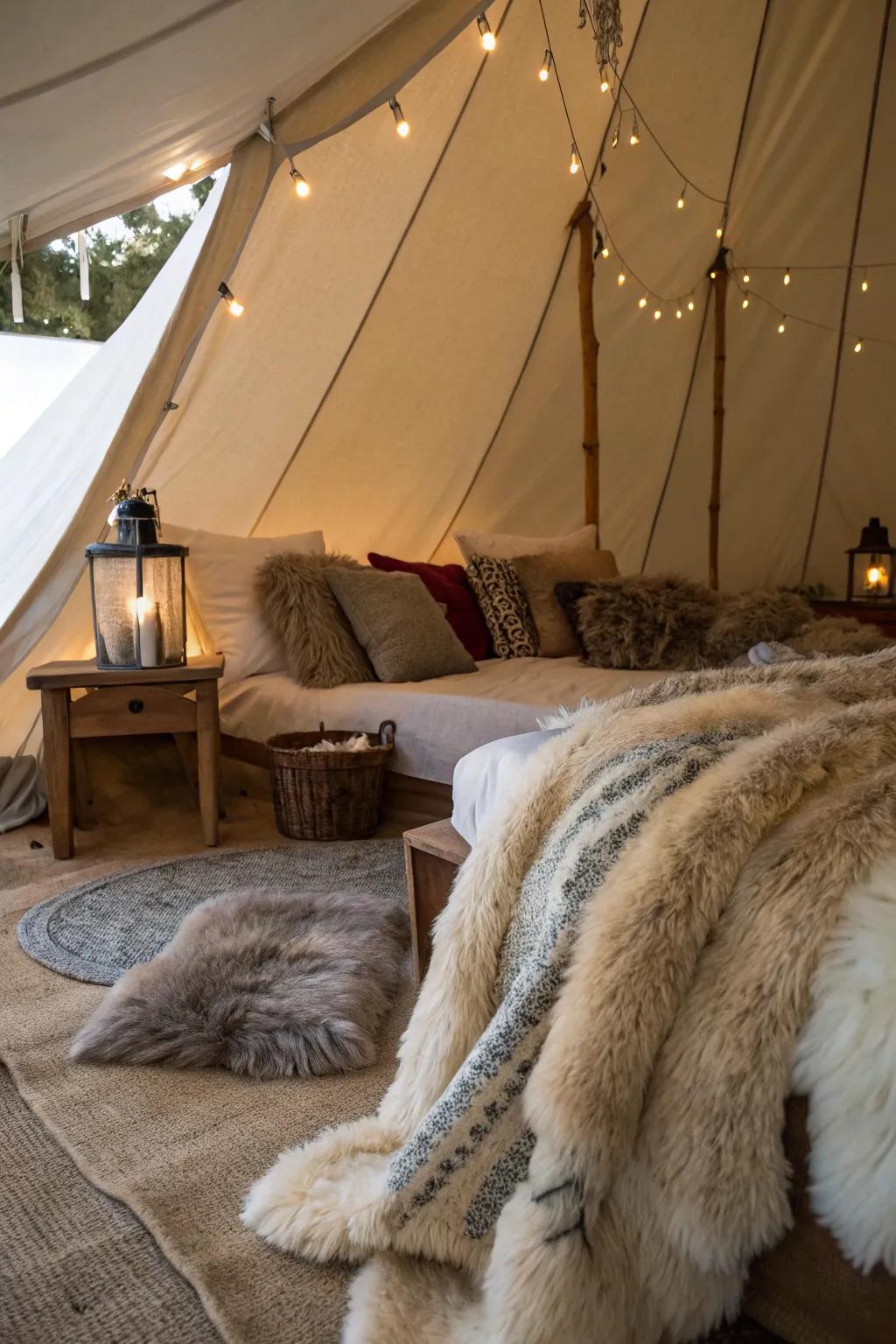 Spice up your tent with the snug class of fake fur throws.