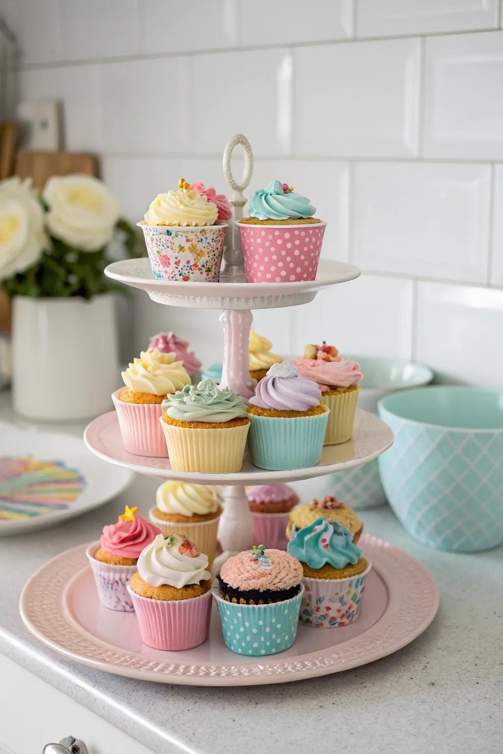 A homemade small cake stand introduces charm and practicality.