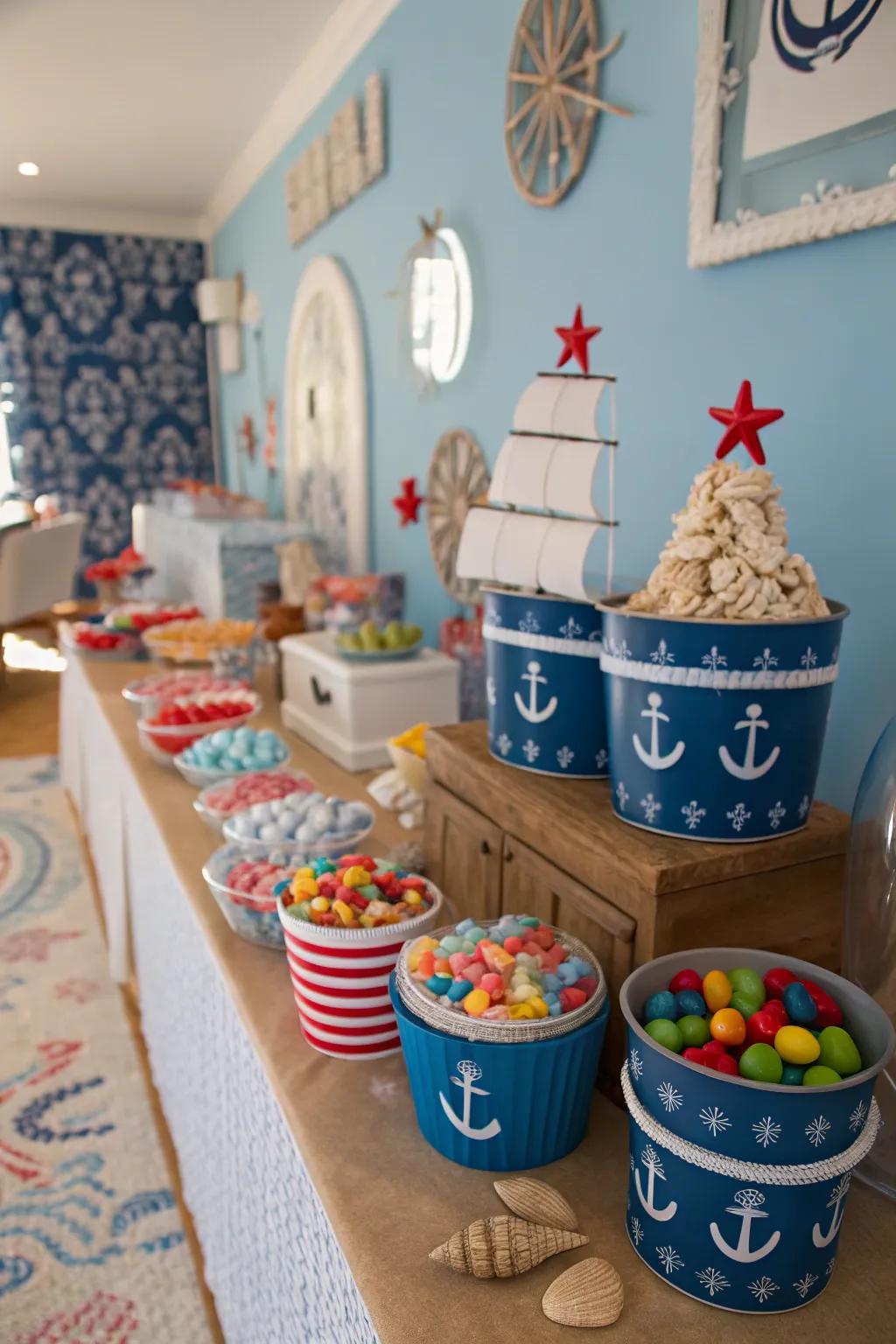 Nautical pails enhancing the theme of the sweets table