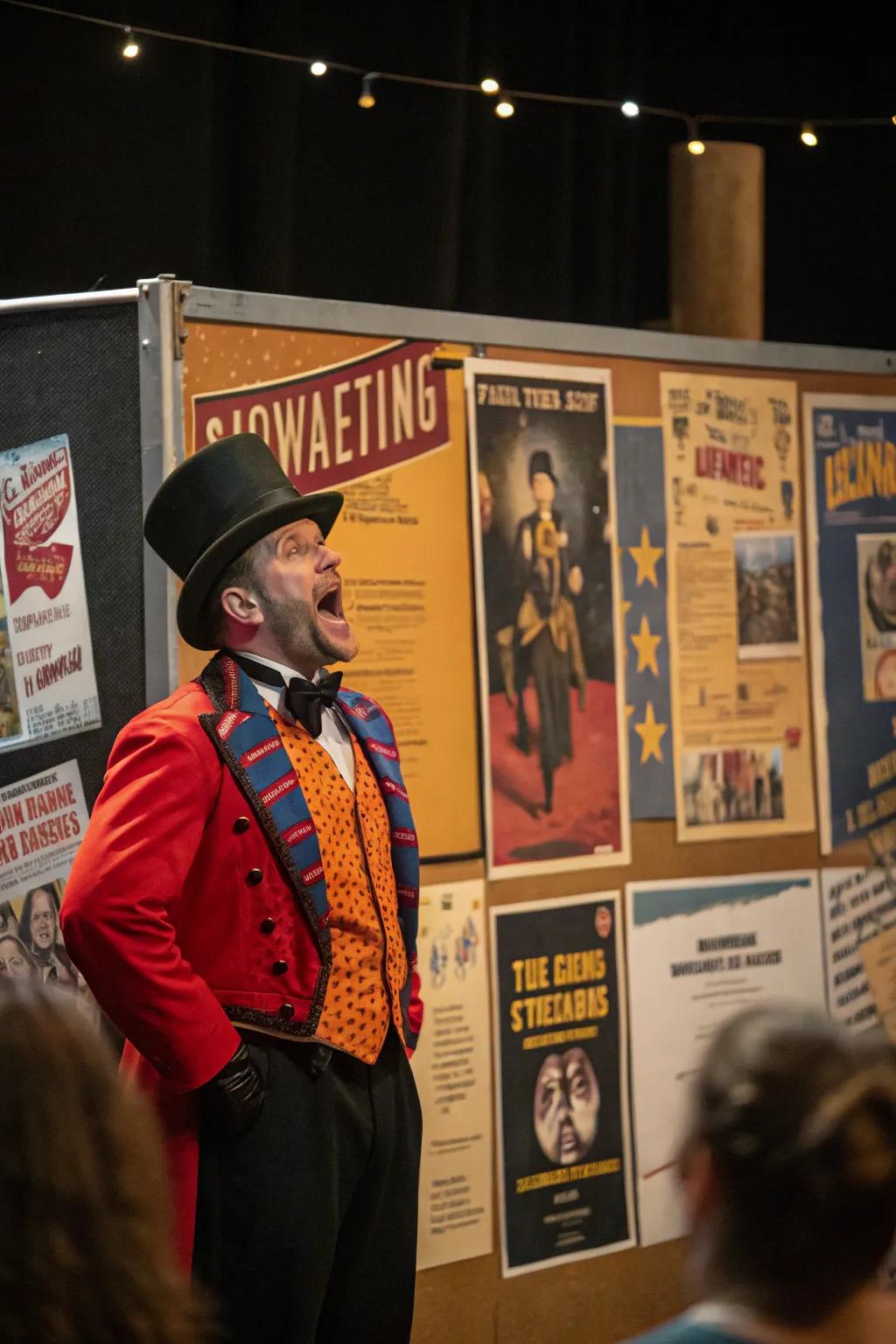 The announcer takes center stage, commanding attention on the fair-themed board.