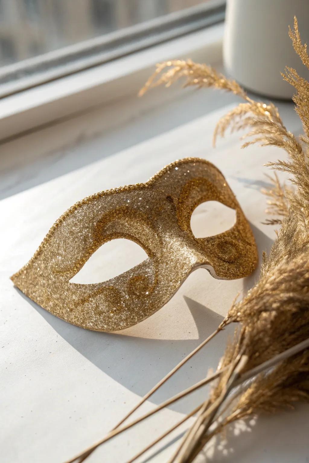 Embrace the magic of glitter with this dazzling gold mask, a perfect blend of minimalist elegance and boho charm.