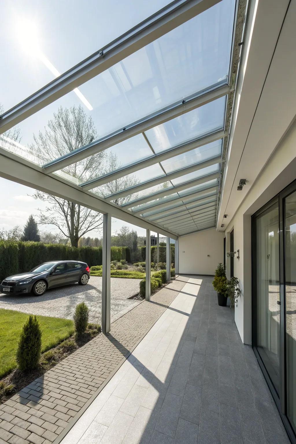 A carport with a glass roof, creating a light-filled and elegant environment.