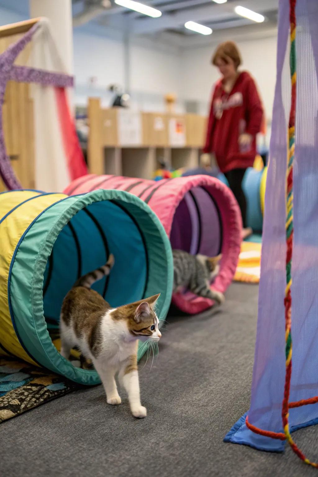 Fabric walls turn obstacles into a stylish and functional cat space.