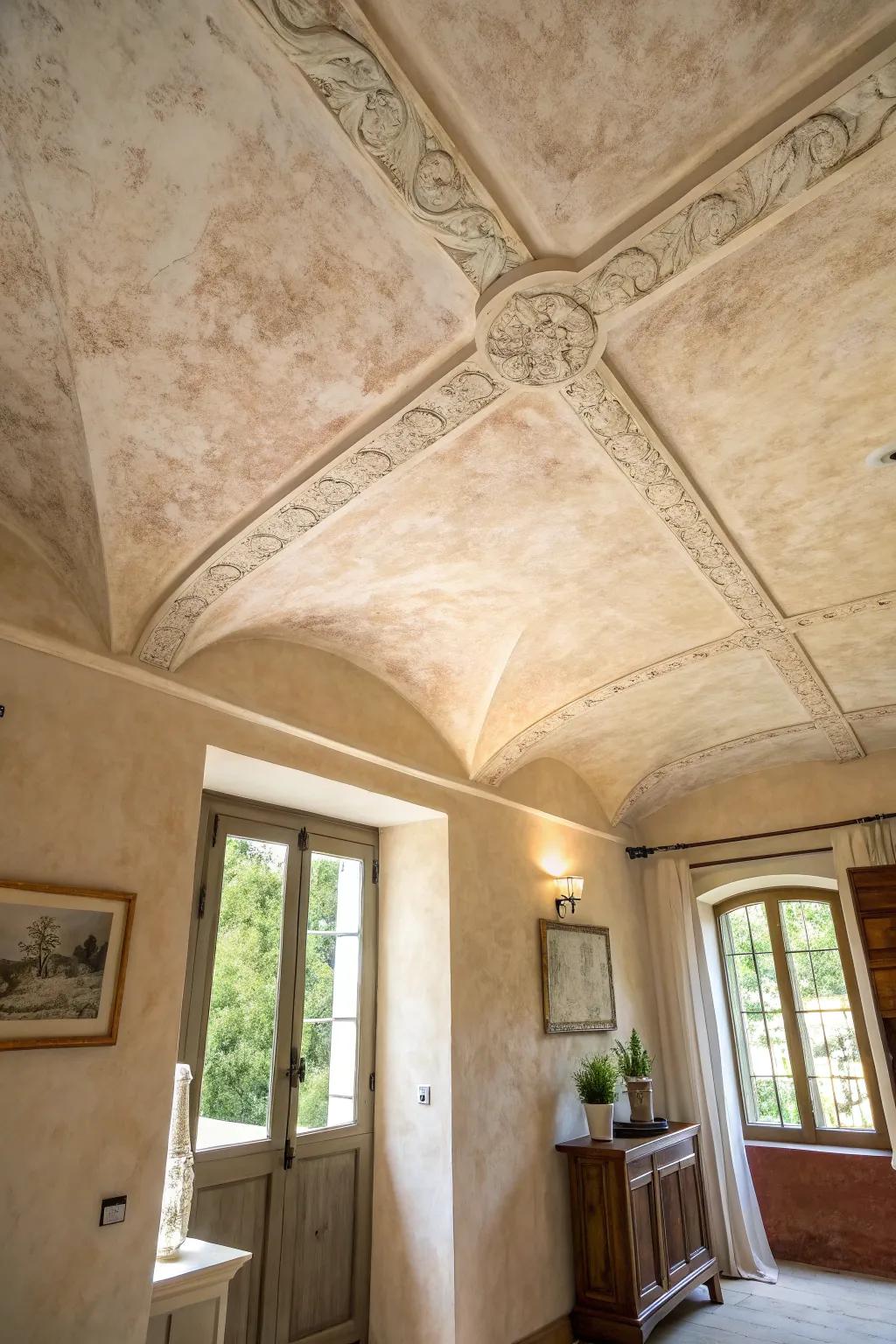 Lime wash paint gives ceilings a textured, elegant finish.