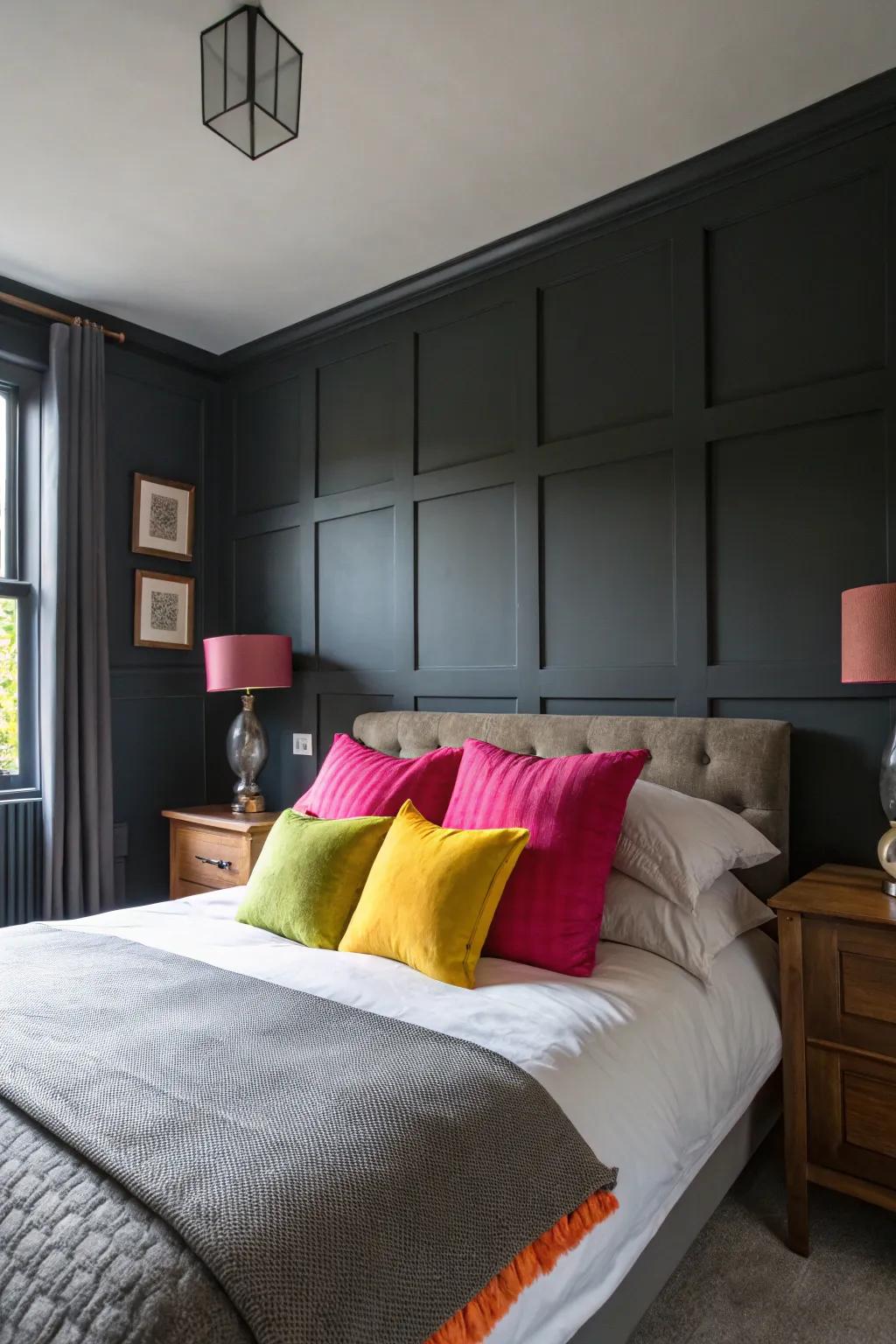 Vivid accents add vigor to an ash-themed bedroom.
