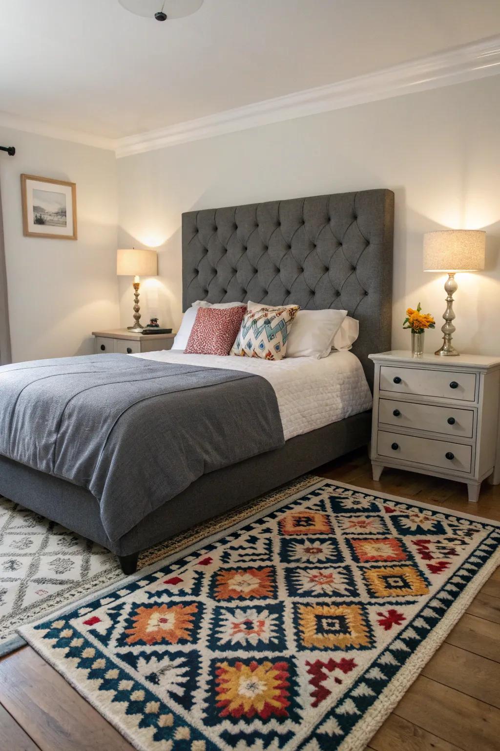 Geometric patterns introduce modern flair to a grey-themed bedroom.