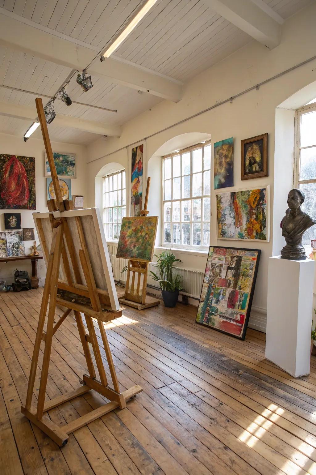 Particleboard strips: an artistic touch for creative spaces.