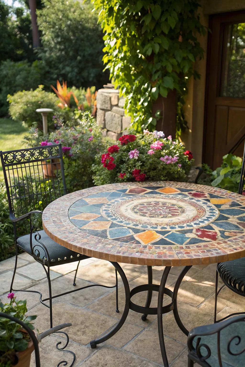 An inlaid tabletop contributes artistic flair to your patio.