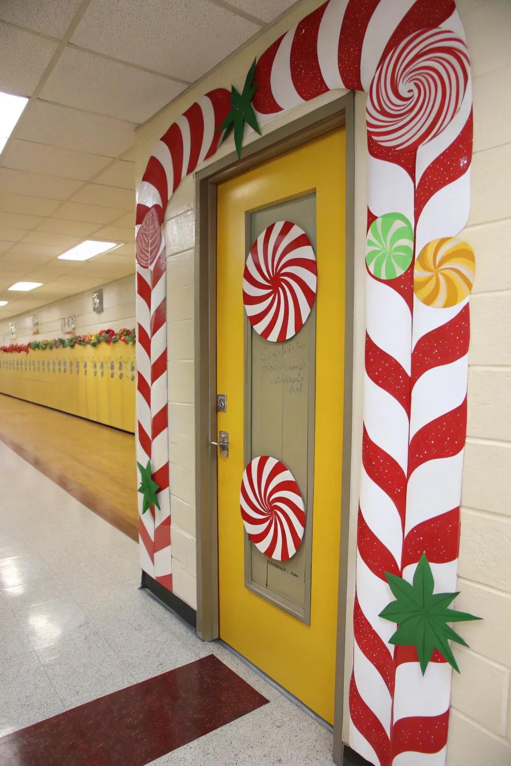 A saccharine Peppermint Rod Promenade motif for this celebratory entryway.