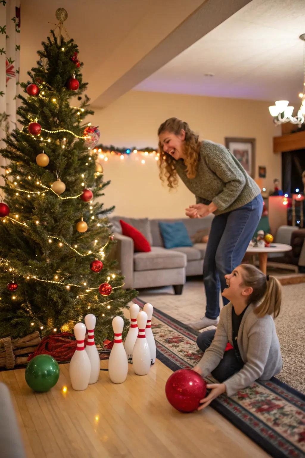 Evergreen cones bowling activity, a celebratory variation on a hallmark diversion.