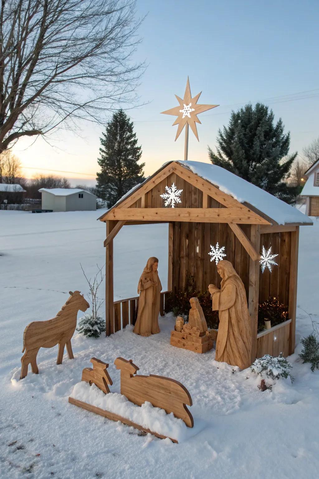 Capture the essence with a wood plank Nativity display.