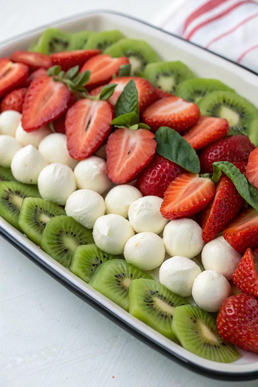 Classic Christmas colors with fruits and cheese.