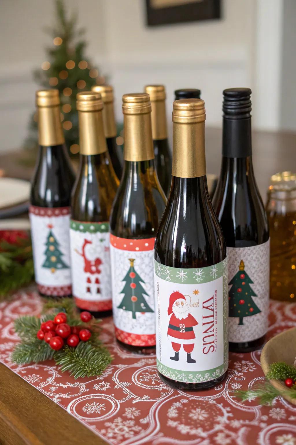 Small wine bottles suggest a merry salute to the season.