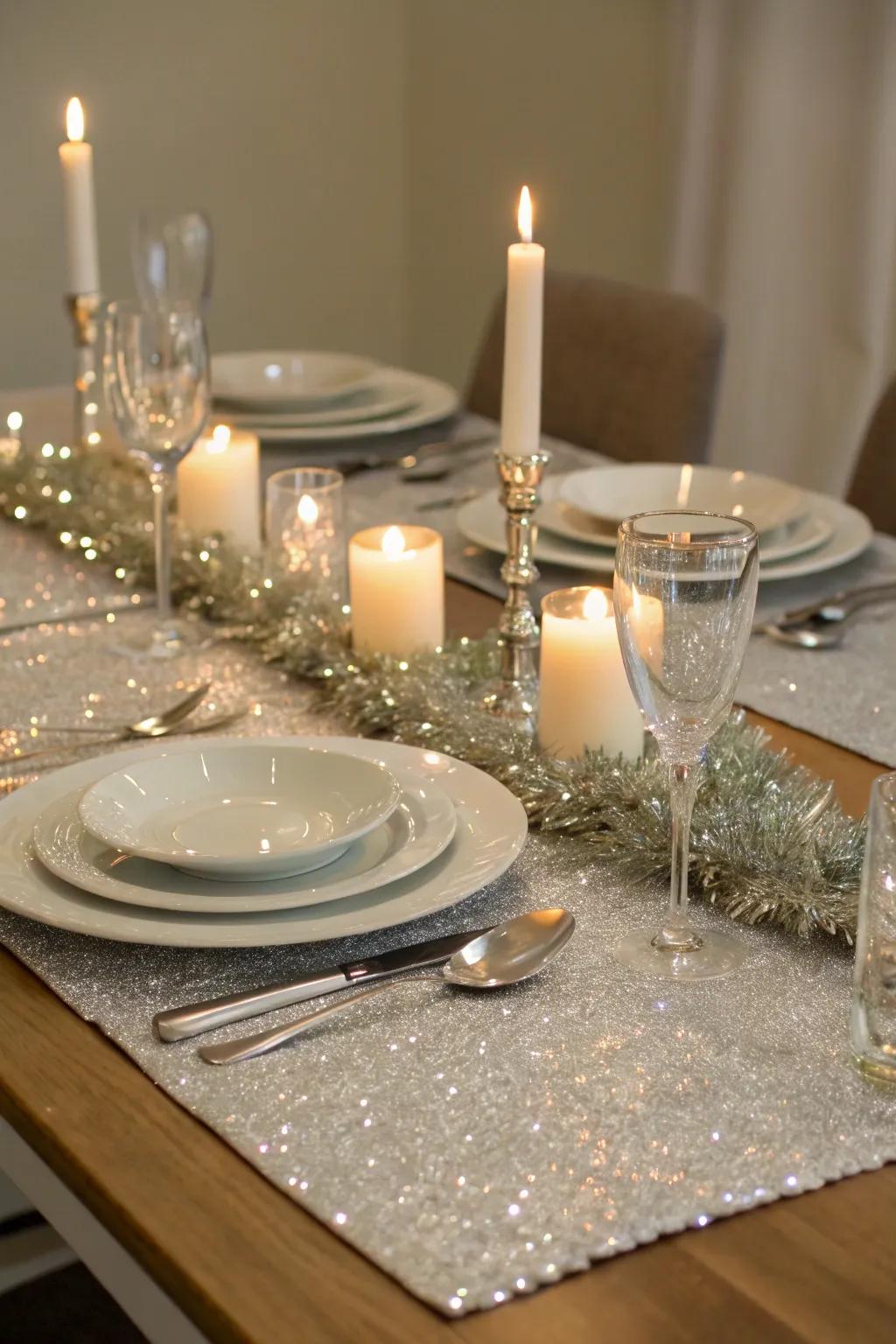 A sparkle ribbon table runner injects radiance into a celebratory dining encounter.