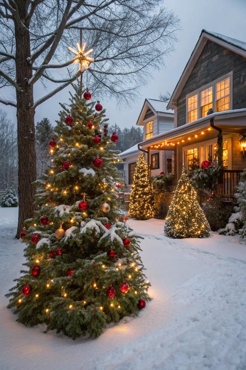Outdoor seasonal trees decorated with baubles.