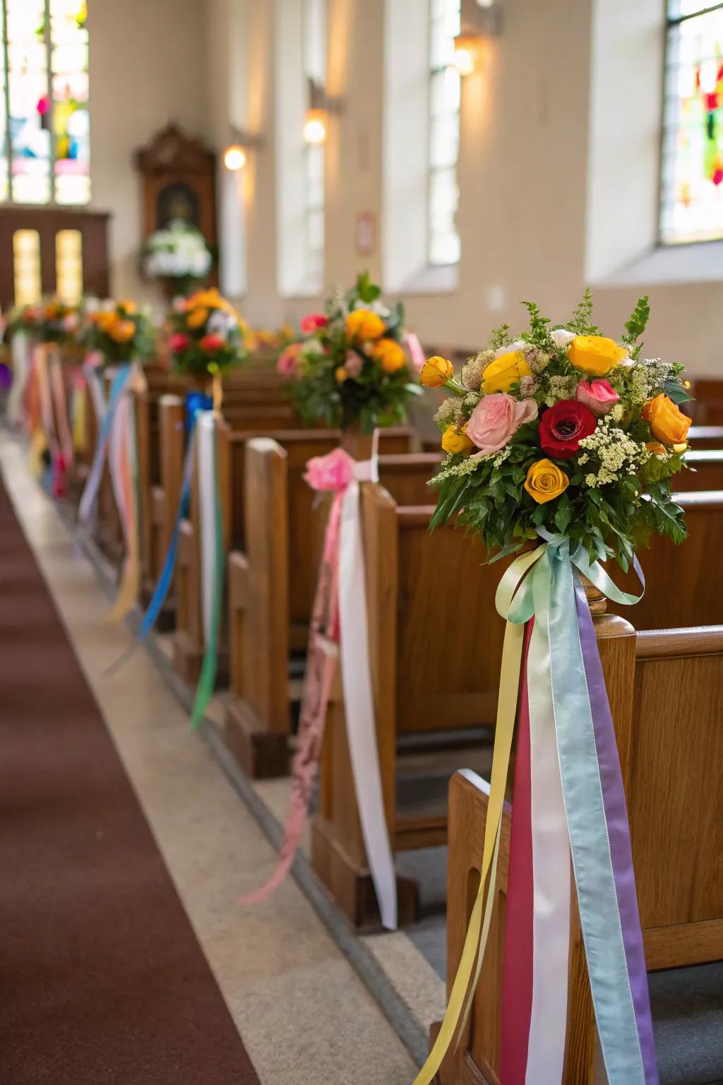 Chapel seats decorated with bands and blooms.