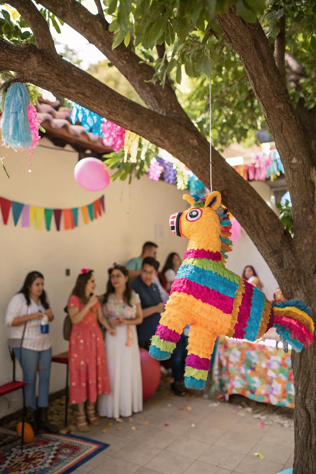 A vibrant piñata ready to be relished by party attendees.