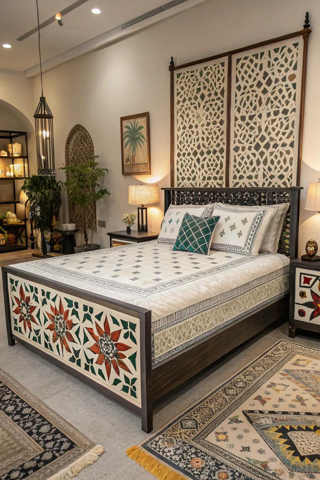 Geometric motifs add a contemporary edge to the bedroom.