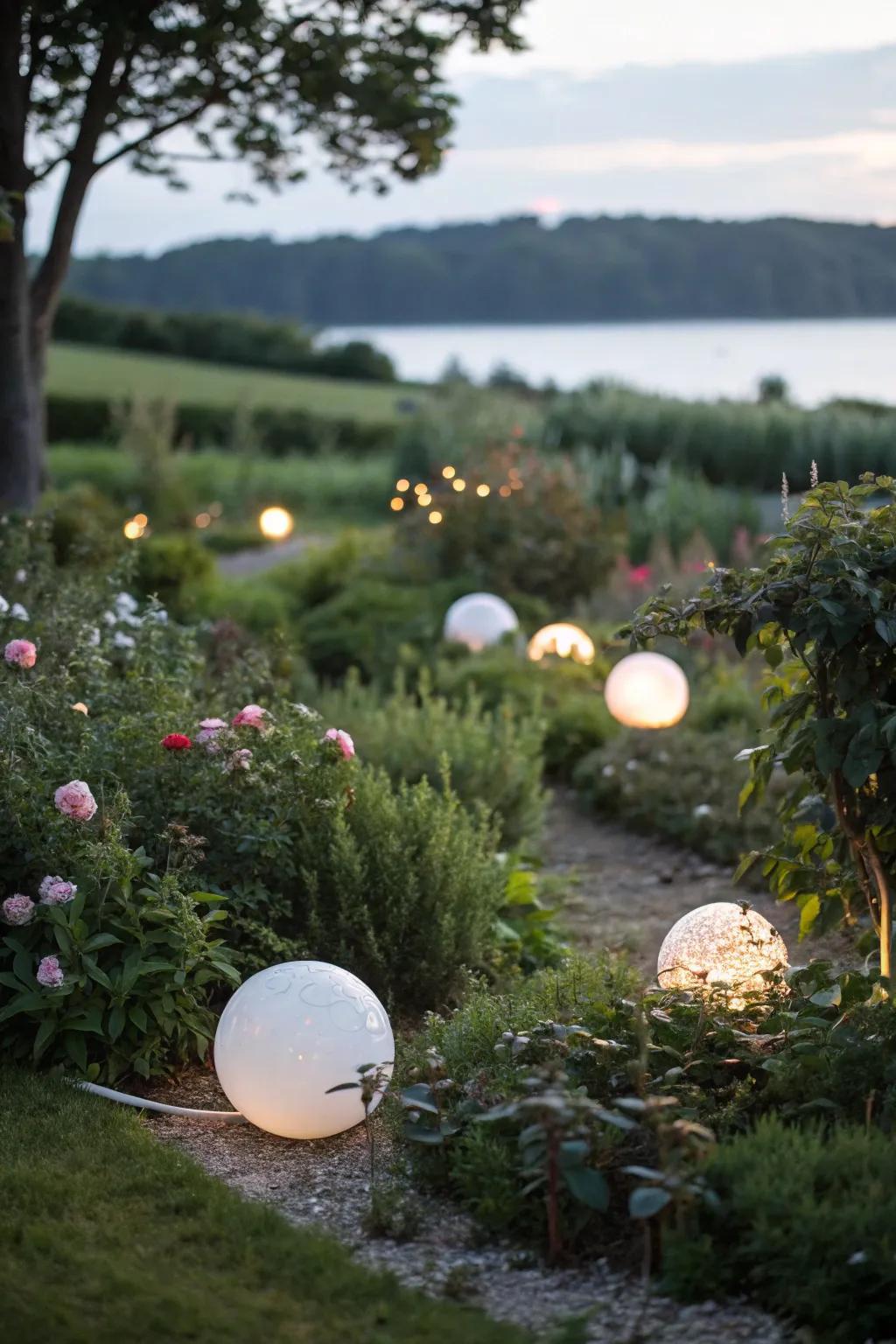 Whimsical garden with hovering light globes.