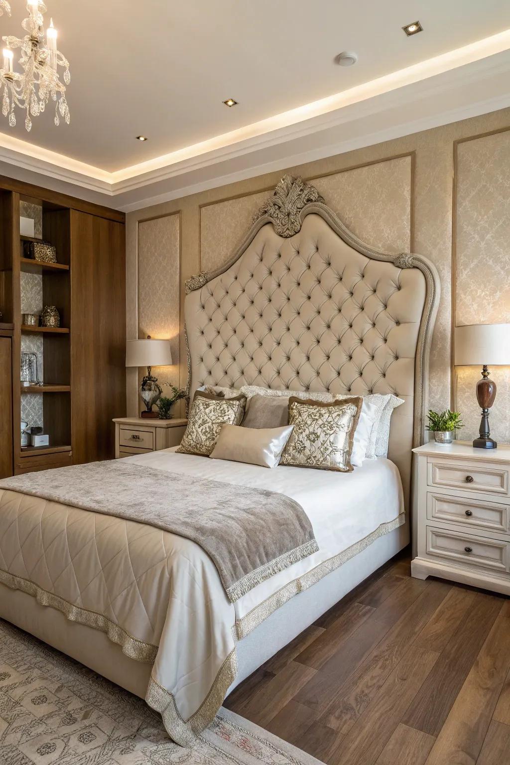 A striking headboard anchors the room with flair and elegance.