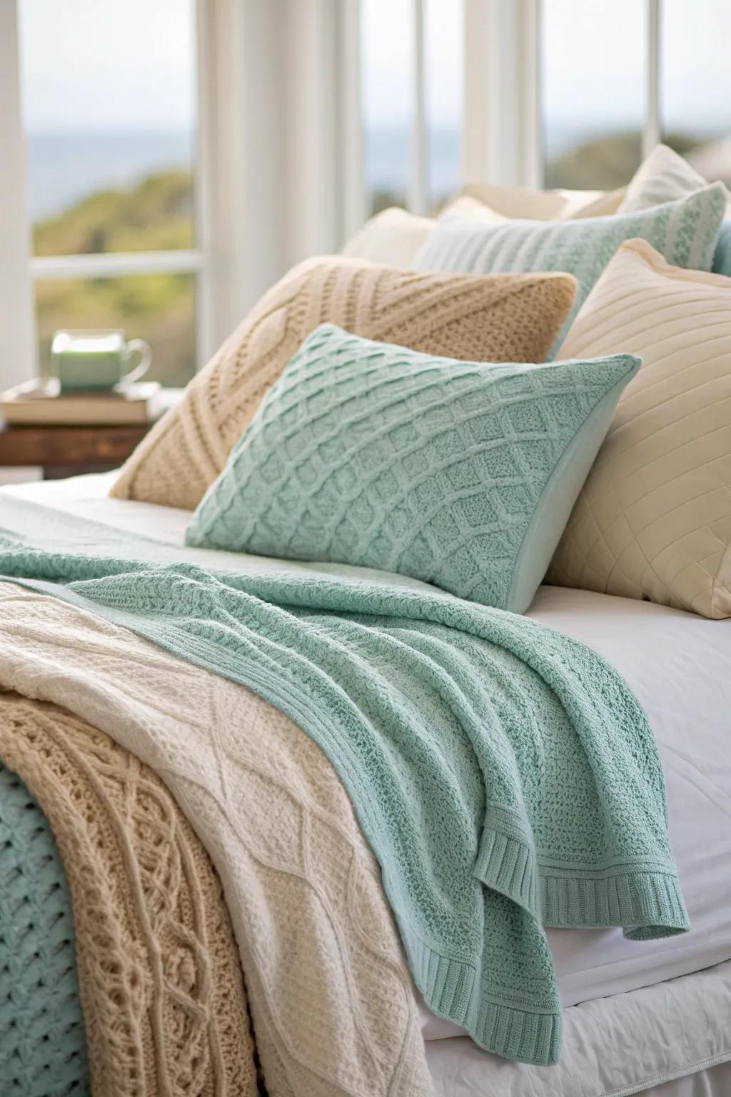 A varied blend of textures enriches the coastal bedding experience.
