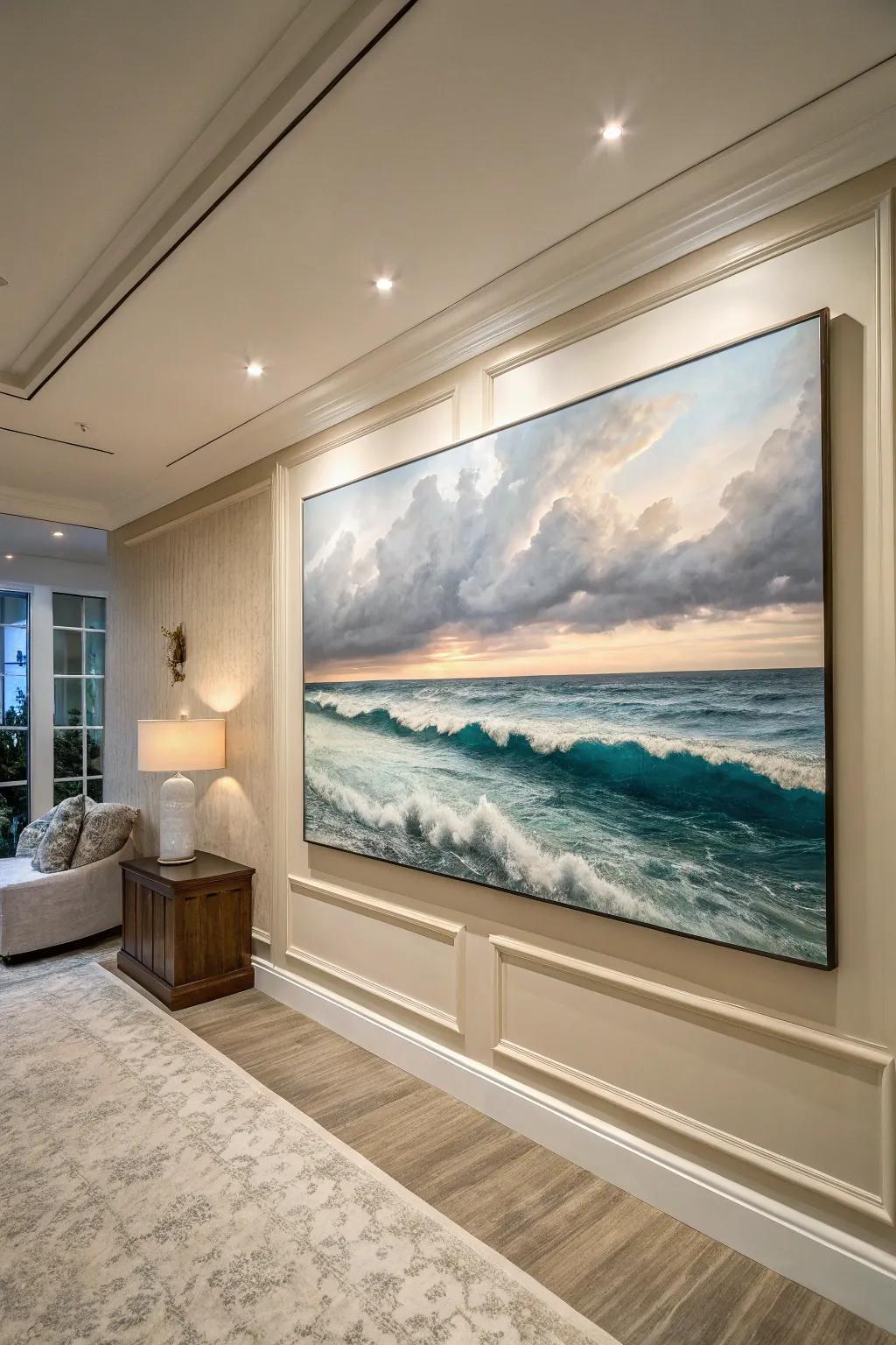 Beach-inspired art providing a calming coastal feel.