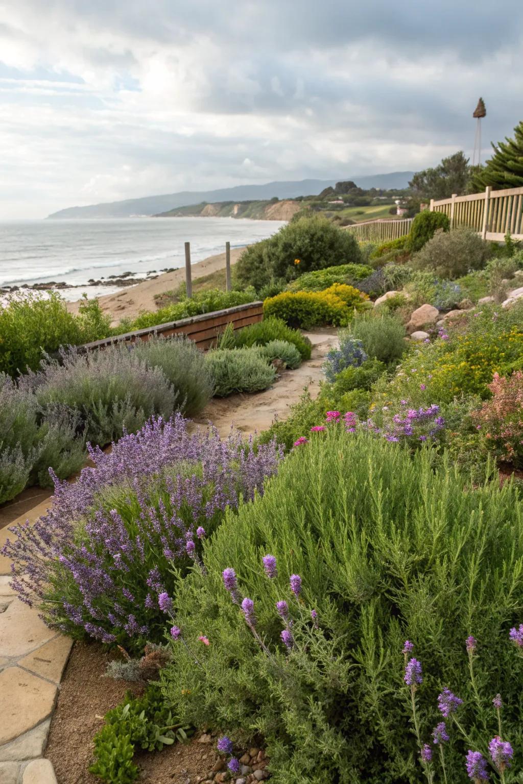 Wind-resistant flora such as lavender flourish in shoreline gardens.