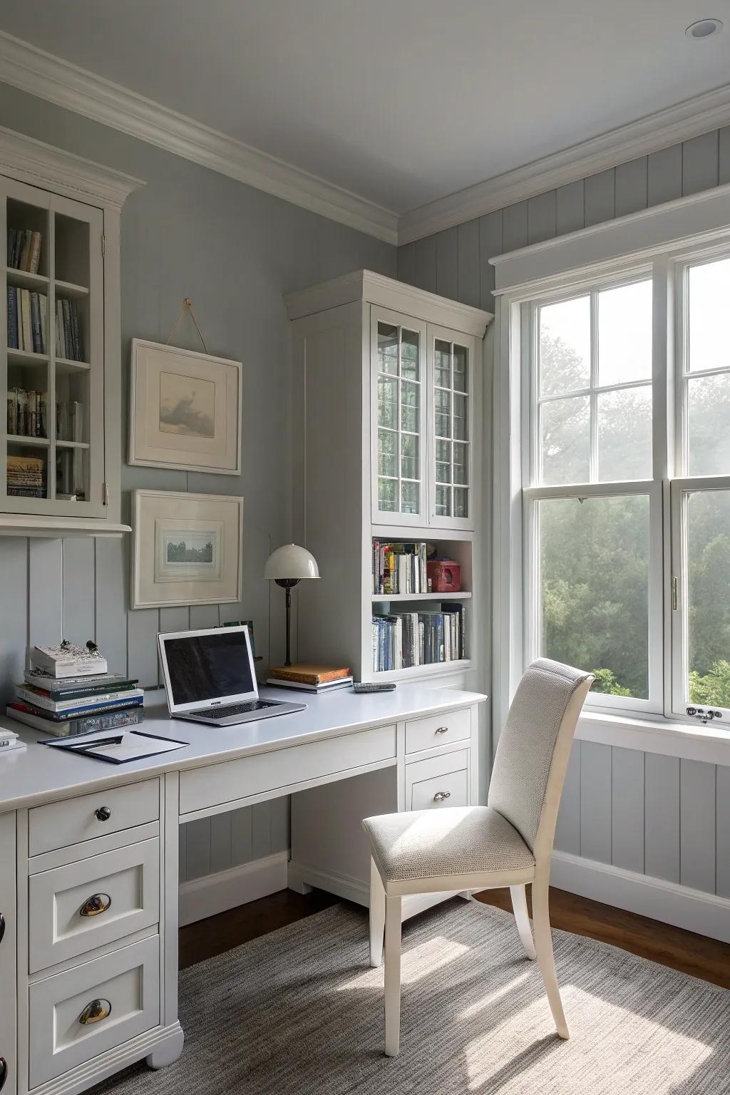 Hazy dawn gray encourages focus and calm.