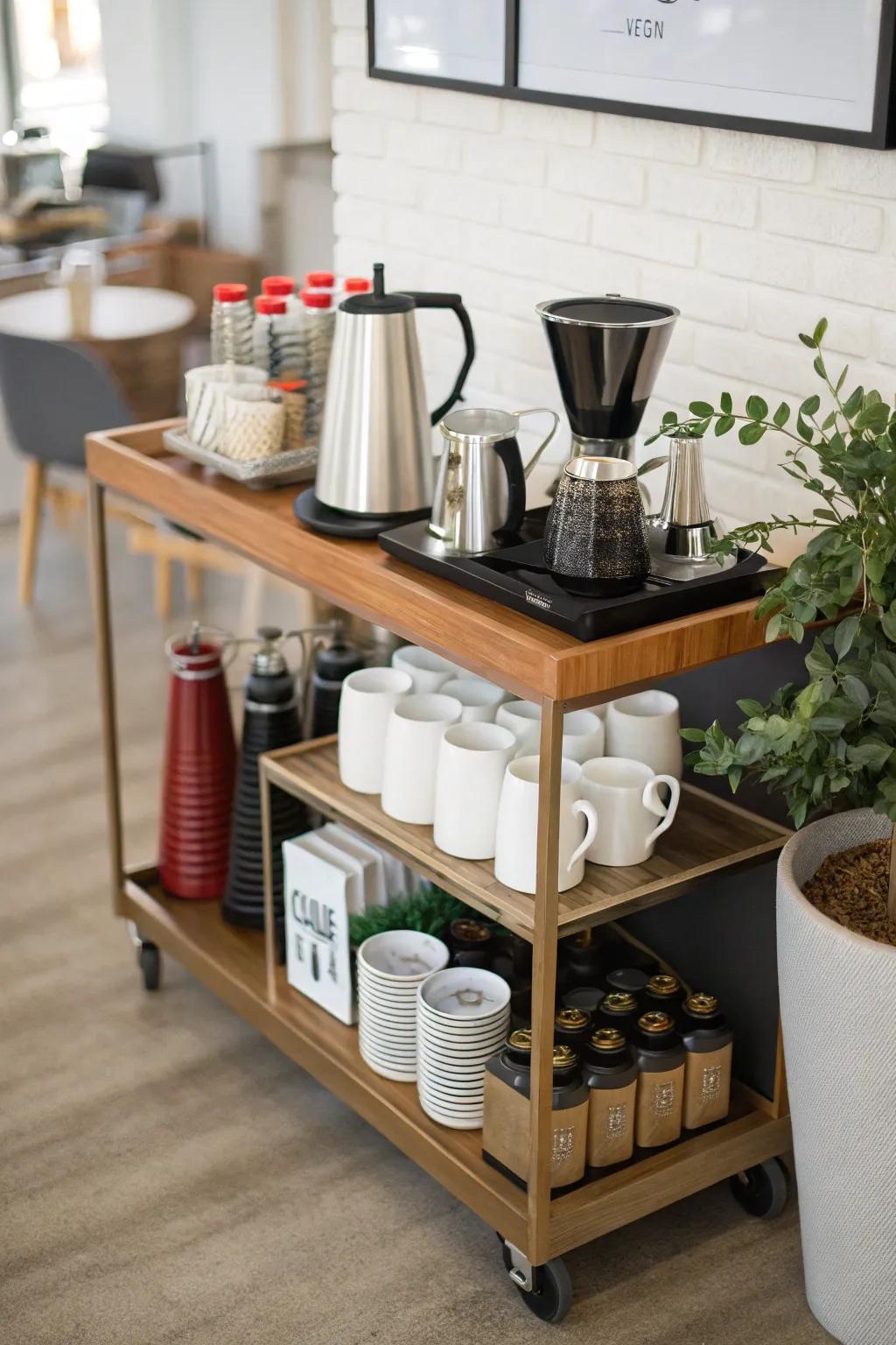 A multipurpose coffee trolley designated for both serving and safekeeping.