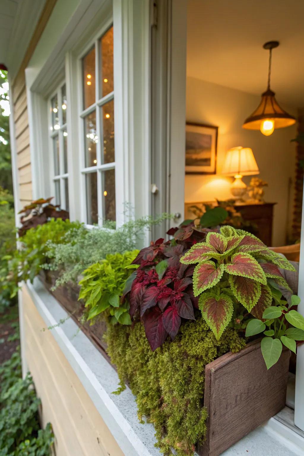 A comfortable corner featuring 'Spectrum Leaf' plants and moss presents a serene escape.
