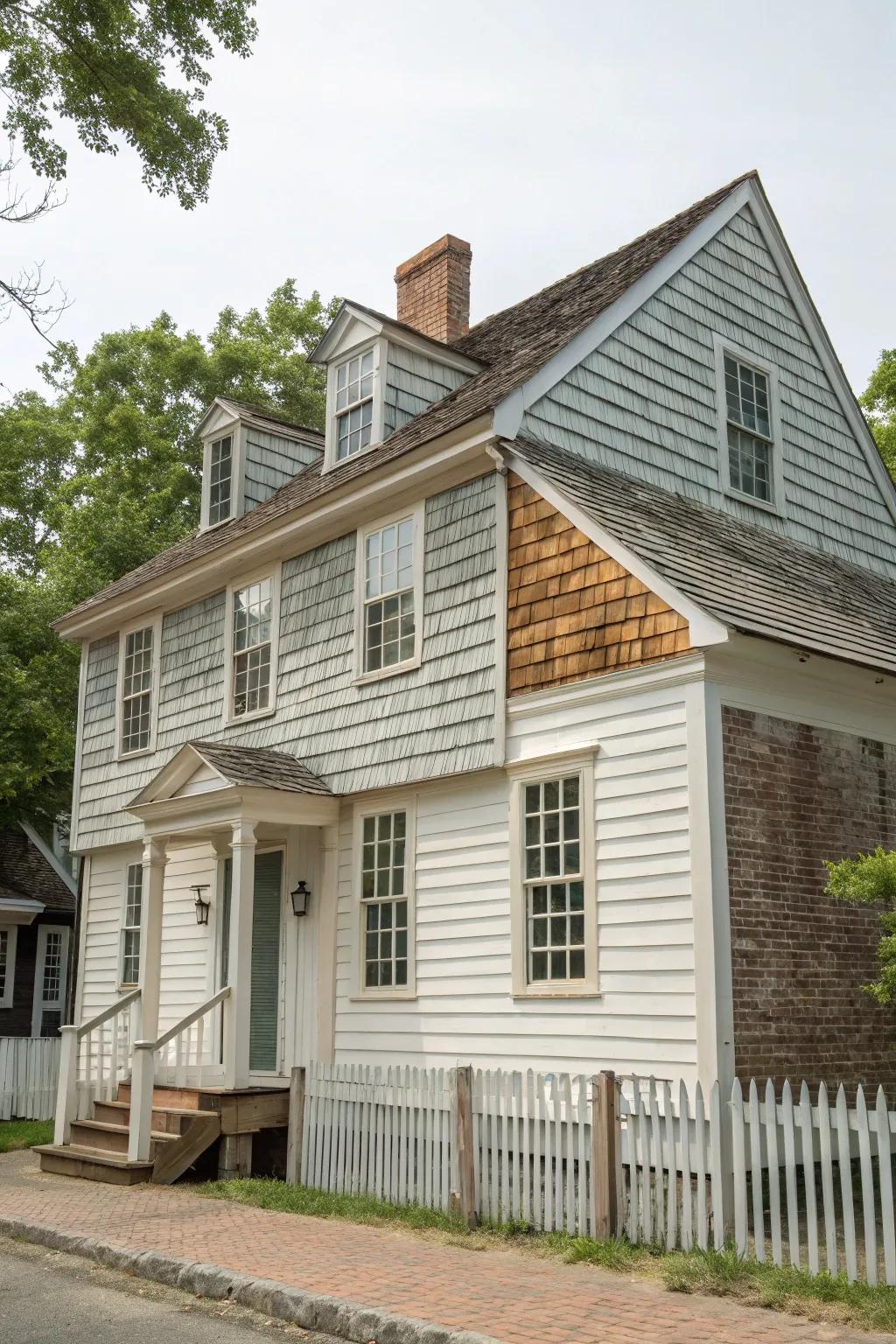 Colonial house featuring mixed siding styles.
