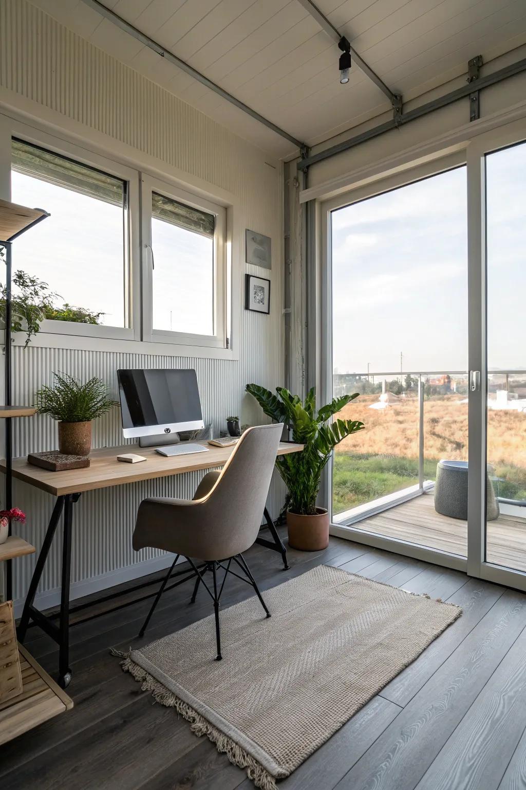 A tranquil home office fashioned from a shipping container.