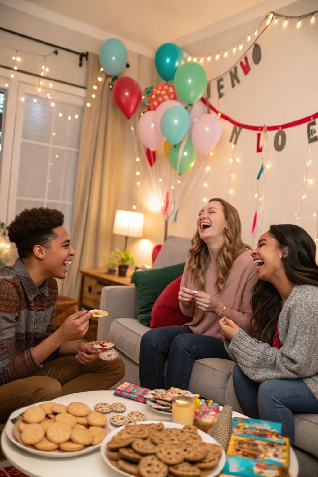 Friends enjoying a fun cookie exchange game.