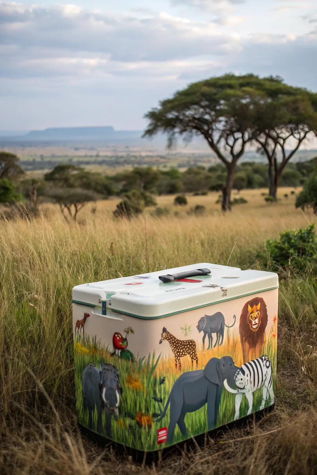 A cooler adorned with graphics from the fauna domain.