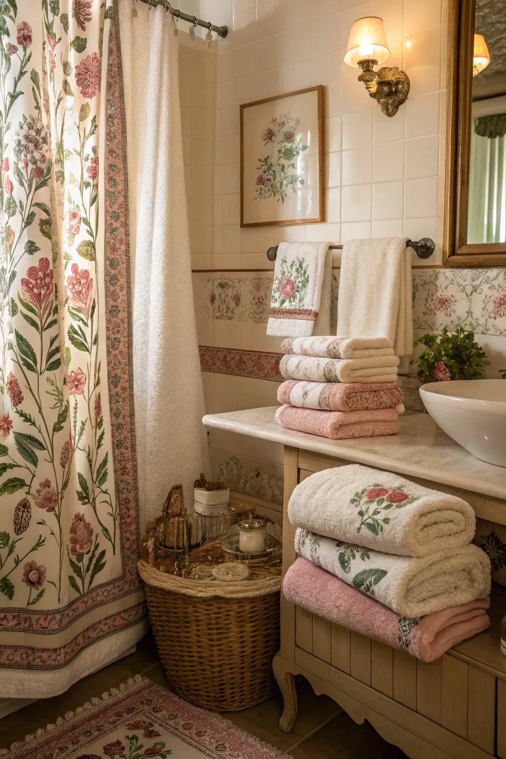 Timeless fabrics incorporating tradition to a cottage bathroom