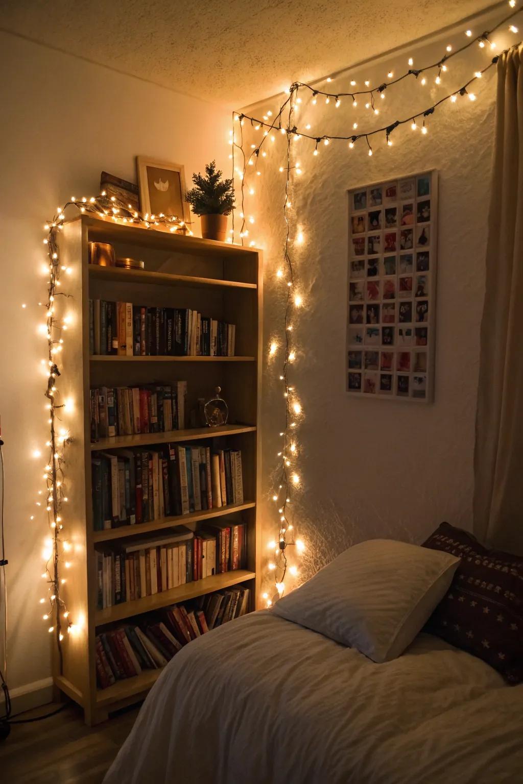 A bookshelf emphasized with sparkle lights.