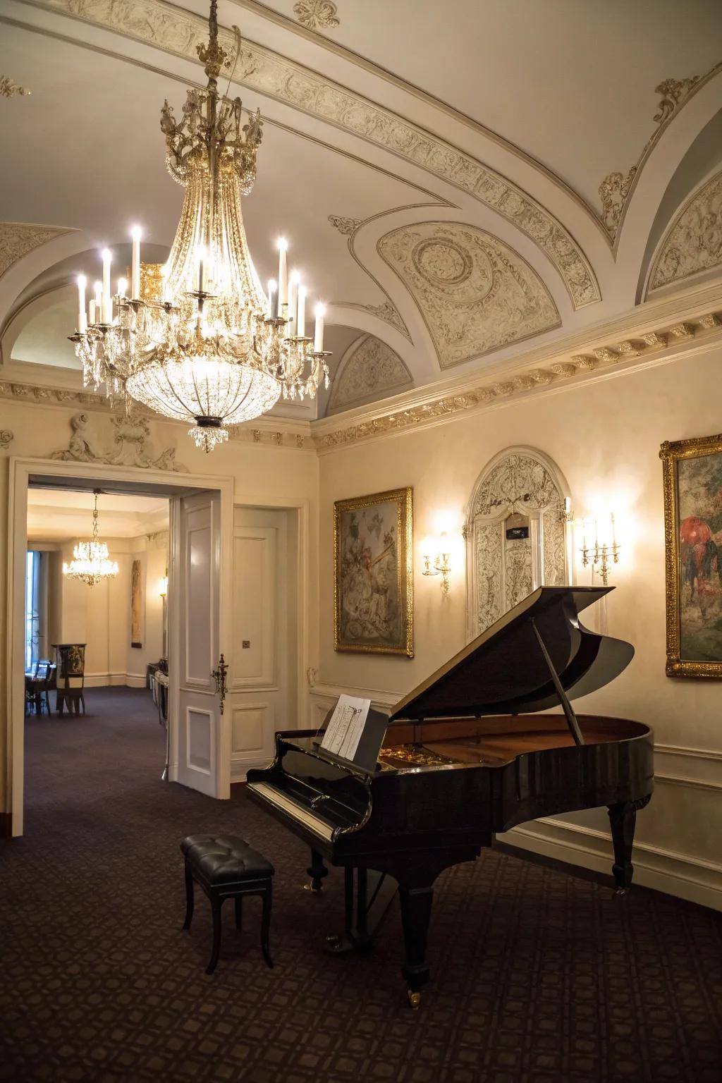 A chandelier contributes a dash of luxury.