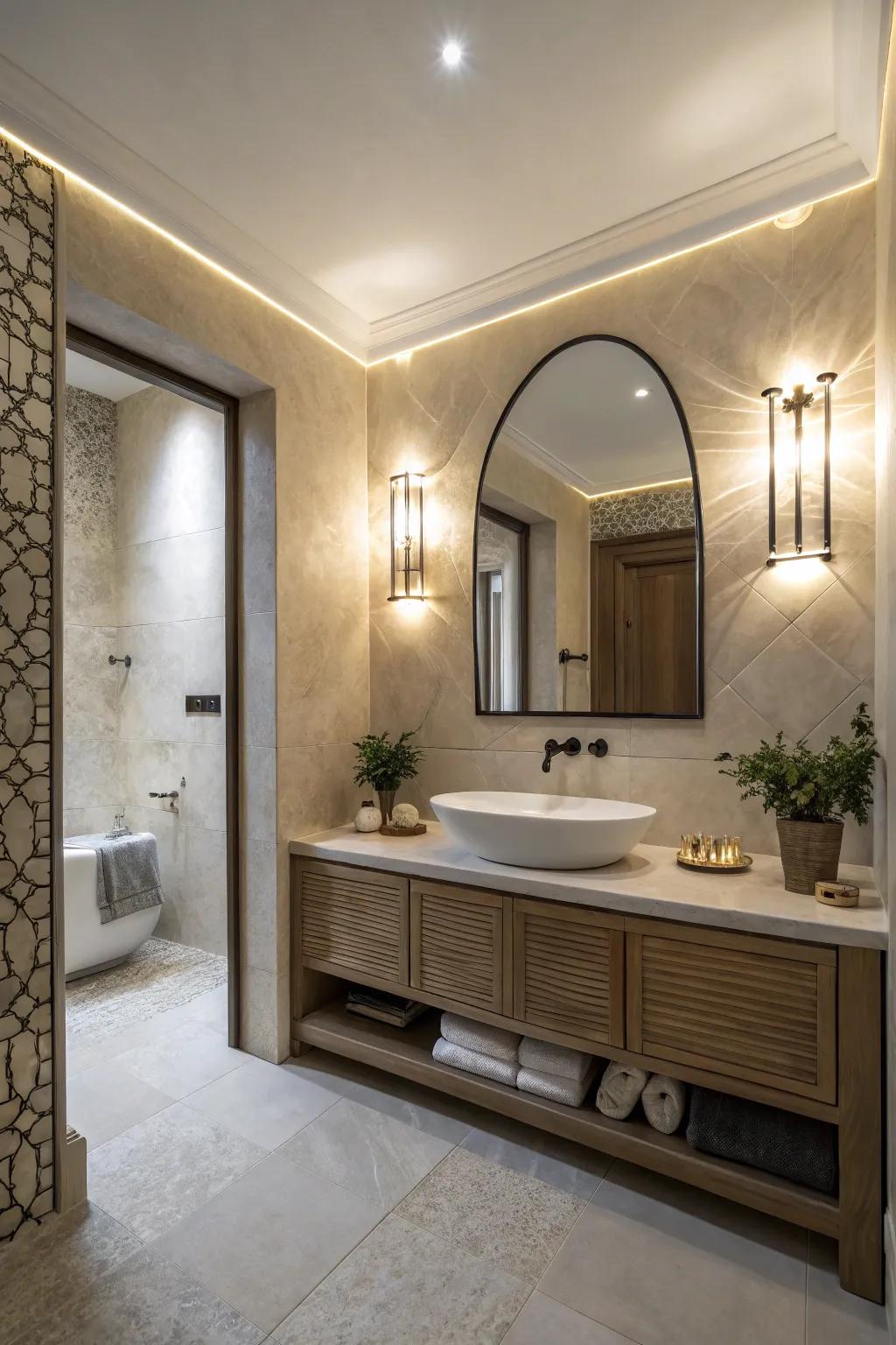 A bathroom showcasing architectural lighting that enhances the room's ambiance.