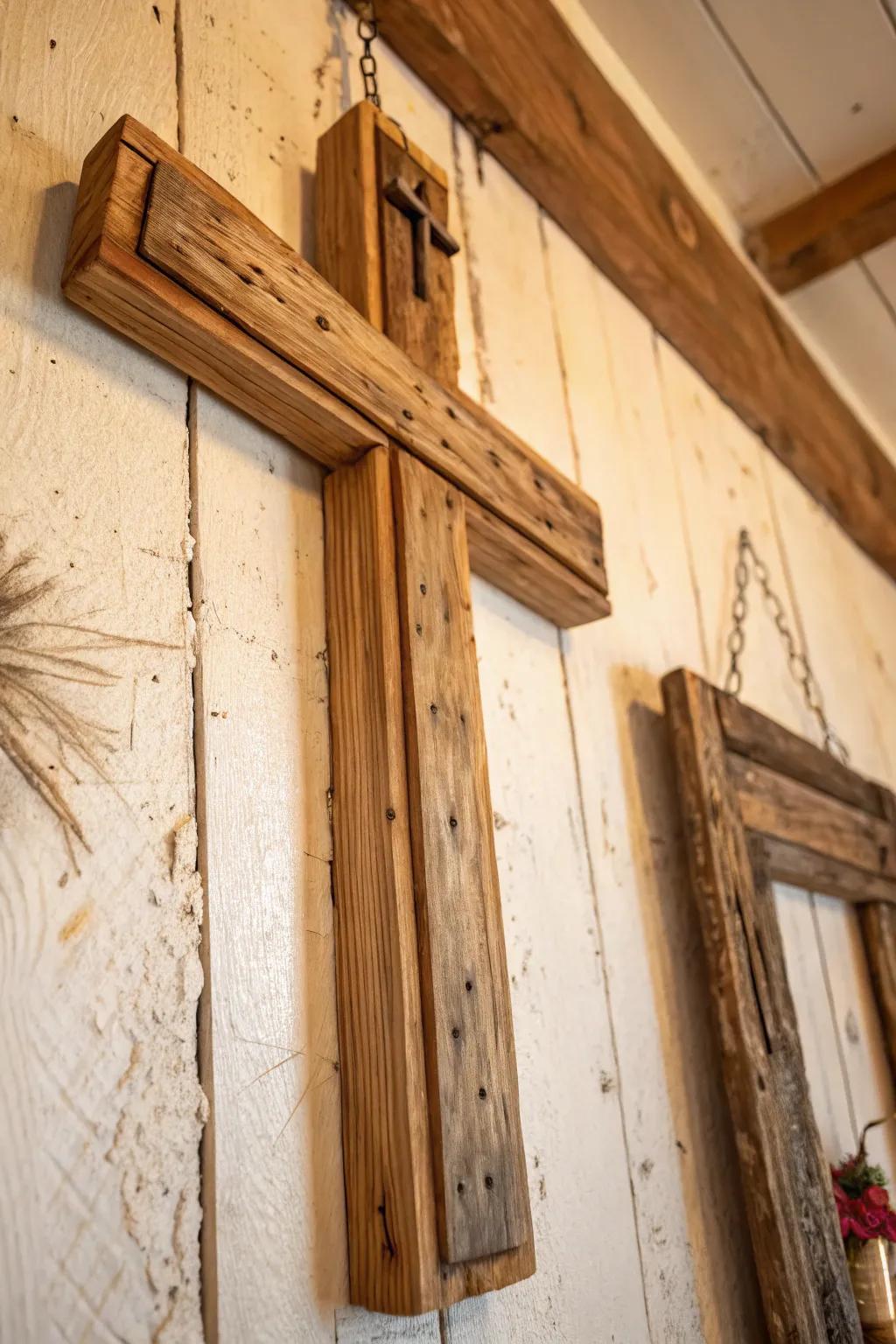 Crucifix wall art created out of recuperated materials.