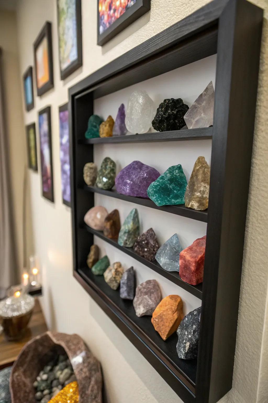 A shadow box featuring gems as unique wall art.