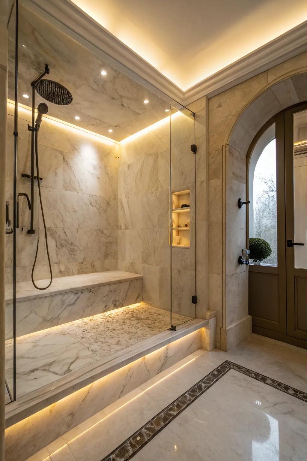 Hidden lighting adds ambiance to refined marble alternative showers.