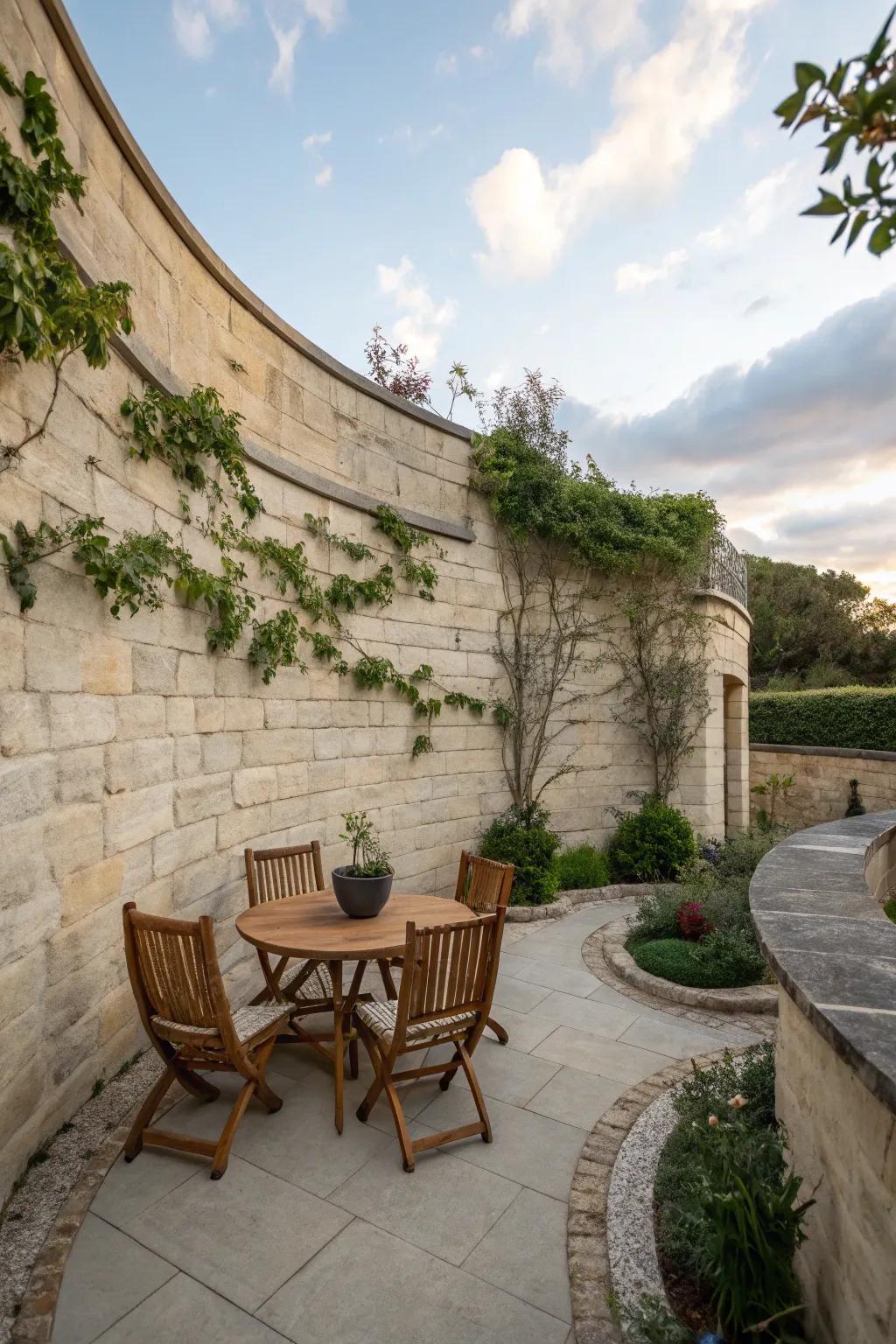 A snug patio with refined arched separations that fashion a secluded sanctuary.