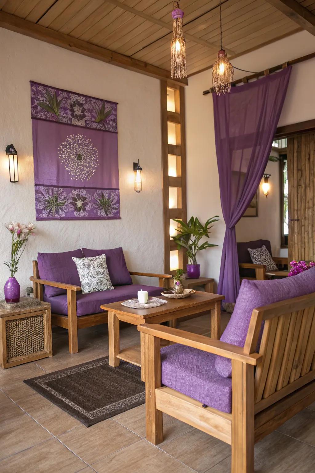 Violet decor paired with earthy wood shades for harmony.
