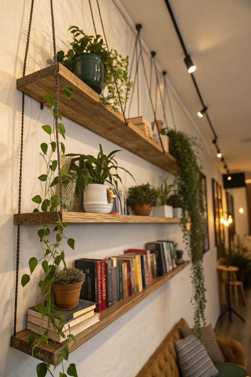 Wall shelves offer stylish storage solutions.
