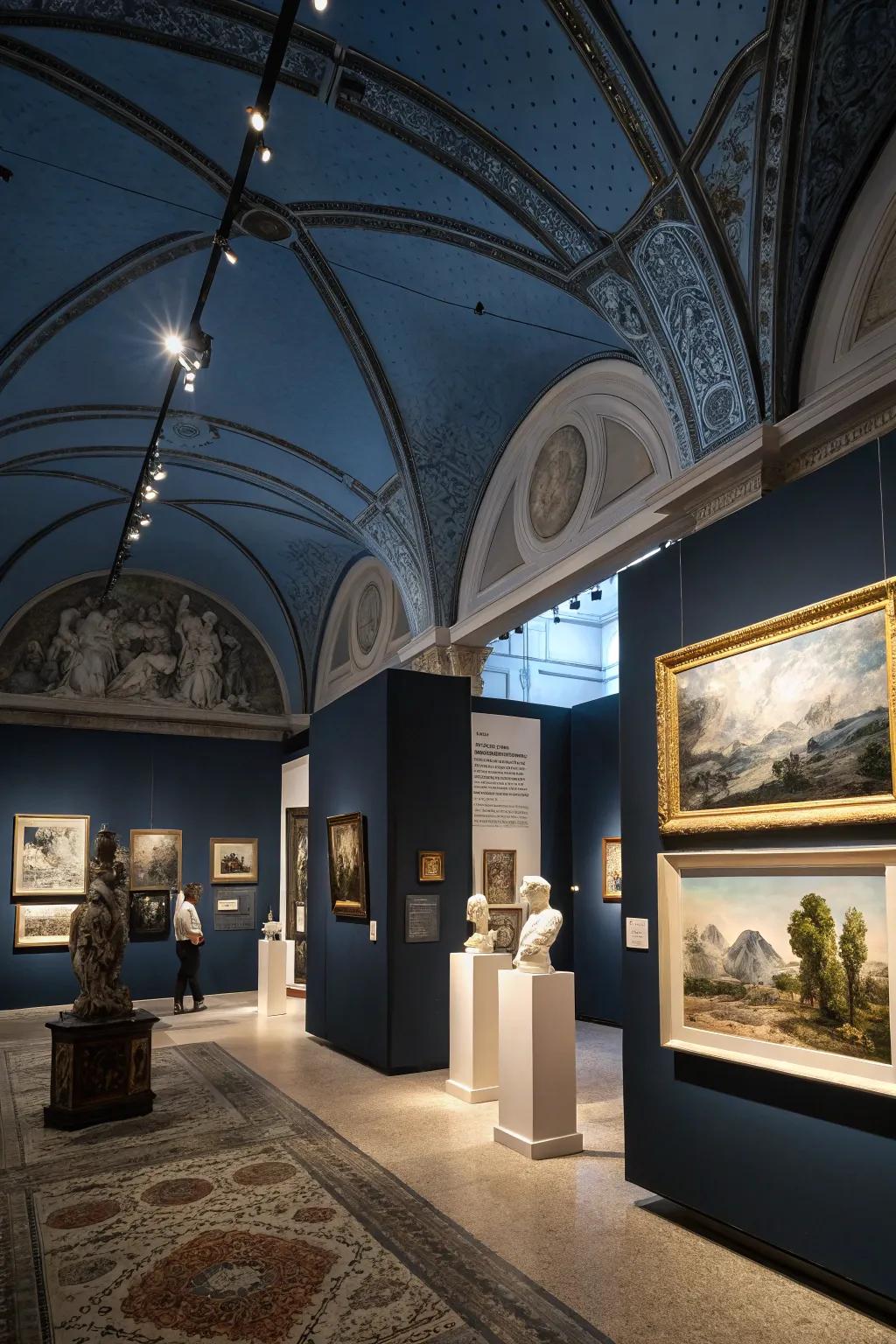 An artistic nook featuring a striking navy overhead.